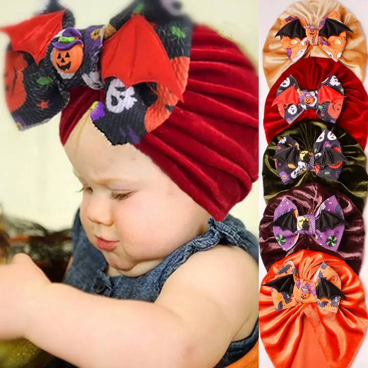 

Baby Bat Pumpkin Print Halloween Turban Babes Hat Newborn Velvet HeadWraps for Baby Girls Boys Beanies Cap Kids Hair Accessories