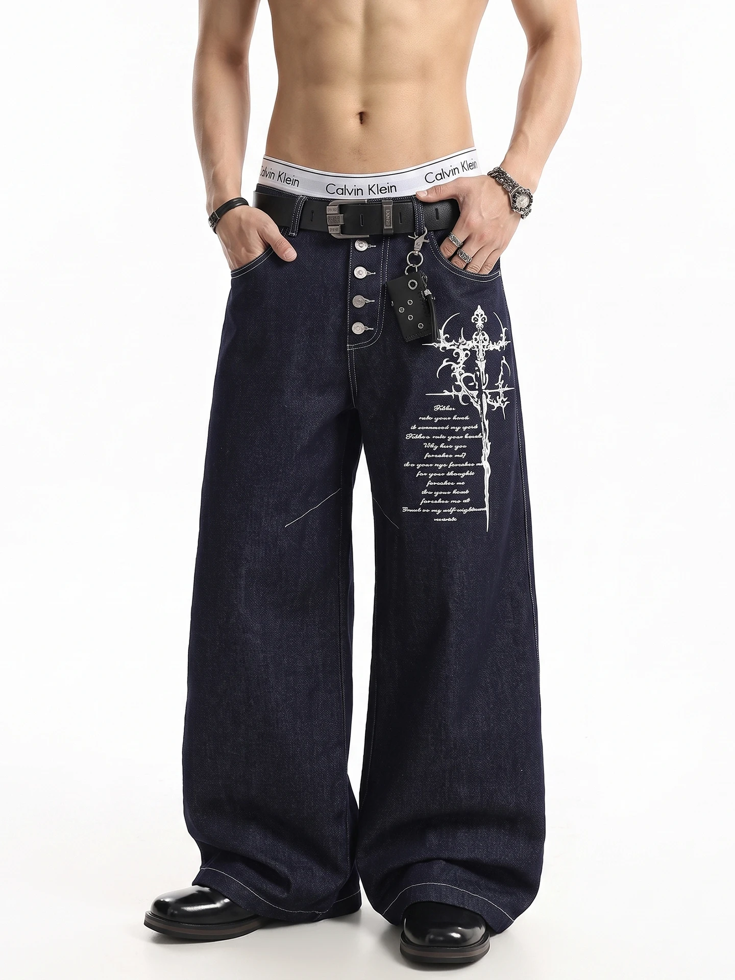 American High Street Retro Original Denim Gothic Print Button Decorated Loose Wide Leg Jeans Youthful Style Casual Wear