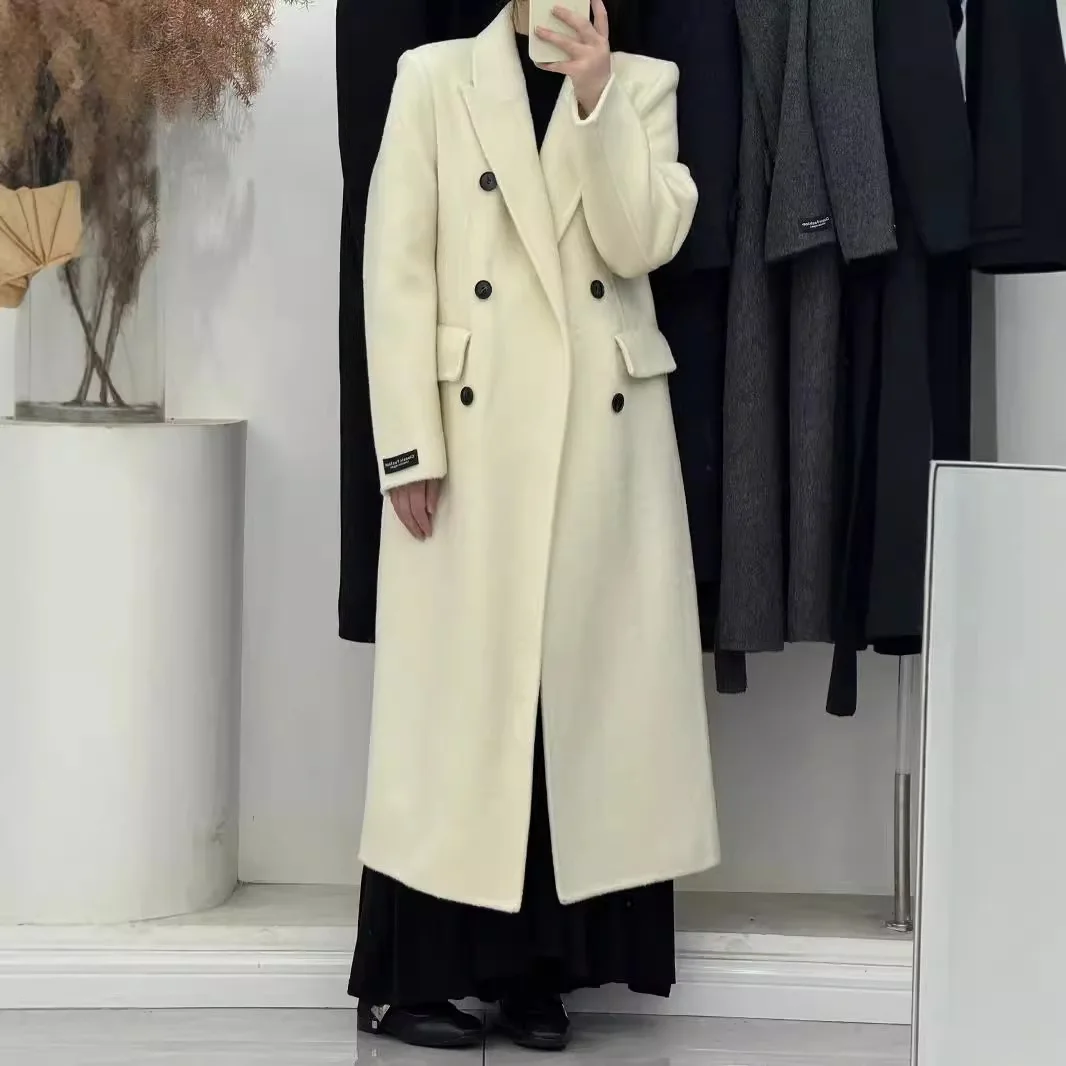 

High-end White Thick Double-sided Wool Cashmere Coat Long Women Fashion Casual Loose Lapel Lace-up Woolen Jacket Autumn Winter