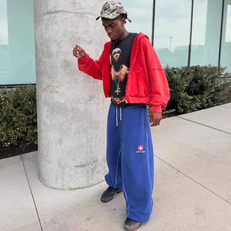 

High Street Fashion Clothing American Retro Striped Fashion Loose Sports Pants Men Harajuku Y2K Spliced ​​High Waist Trousers