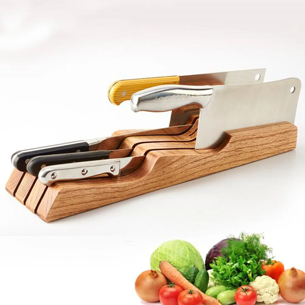 Wooden Kitchen Knife Block Holder 7 Knife Slots Storage Box Drawer Case Tool Cutlery Organizer Tray Knives Accessories