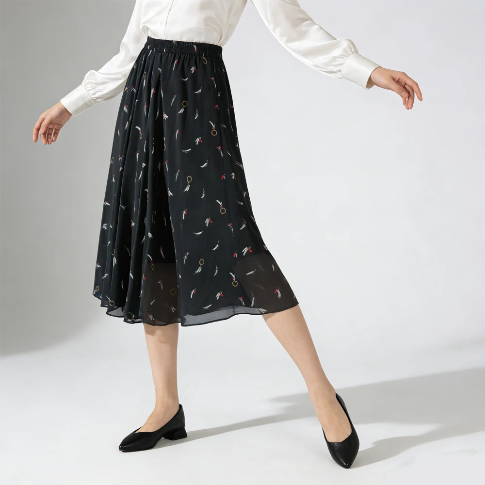Diagonal Cut Large Swing Without Splicing 100% Natural Mulberry Silk Georgette Print Elegant Three-layer Casual A-line Skirt