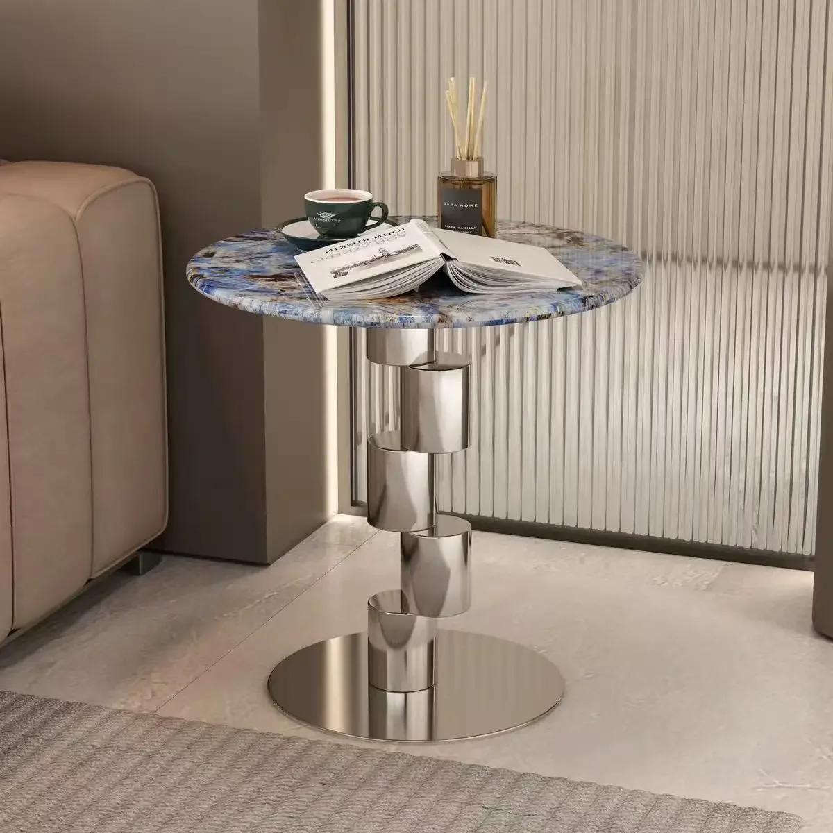 #Round Microcrystalline Stone Side Table, Stacked Metal Base End Table for Living Room