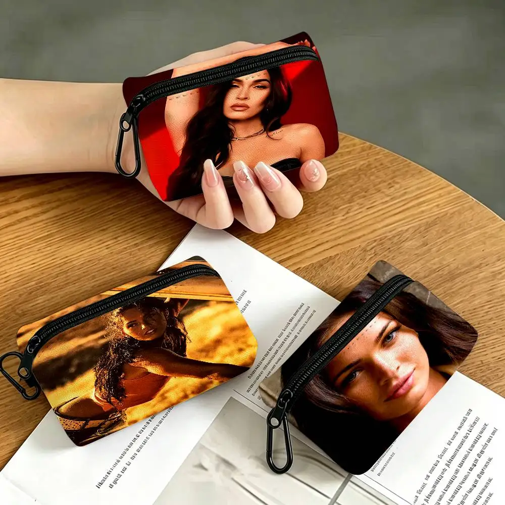 Actress M-Megan Fox Model Portable Oxford Fabric Mini Wallet Carabiner Design Small Coin Bag For Cards Keys Earphones