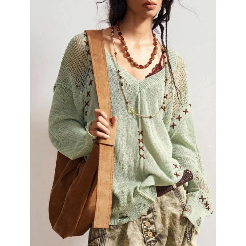 

New M 232 Cross-Border Hollow Embroidery Loose Knitted Sweater Women's Ci Walk Collar Nine Sve Length Resistant