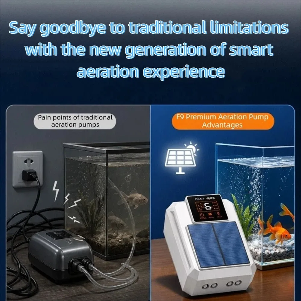 Pompe à oxygène solaire super silencieuse, grand volume d'air, rechargeable par USB, pompe à oxygène pour la pêche, économe en énergie, débit d'air élevé