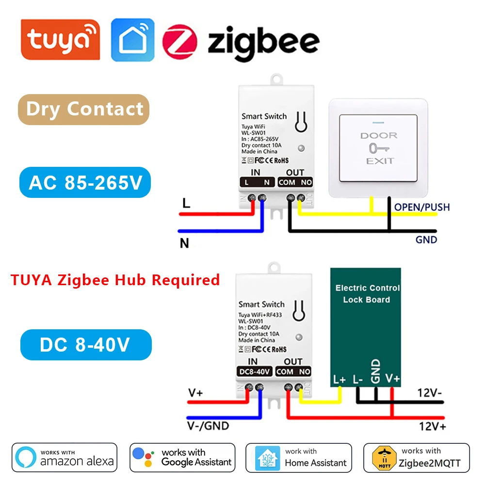 Tuya ZigBee – Module de commutation de Contact sec intelligent, relais de disjoncteur AC 85-265V/DC 8-40V, fonctionne pour l'application Smart Life Alexa Google Home Z2M