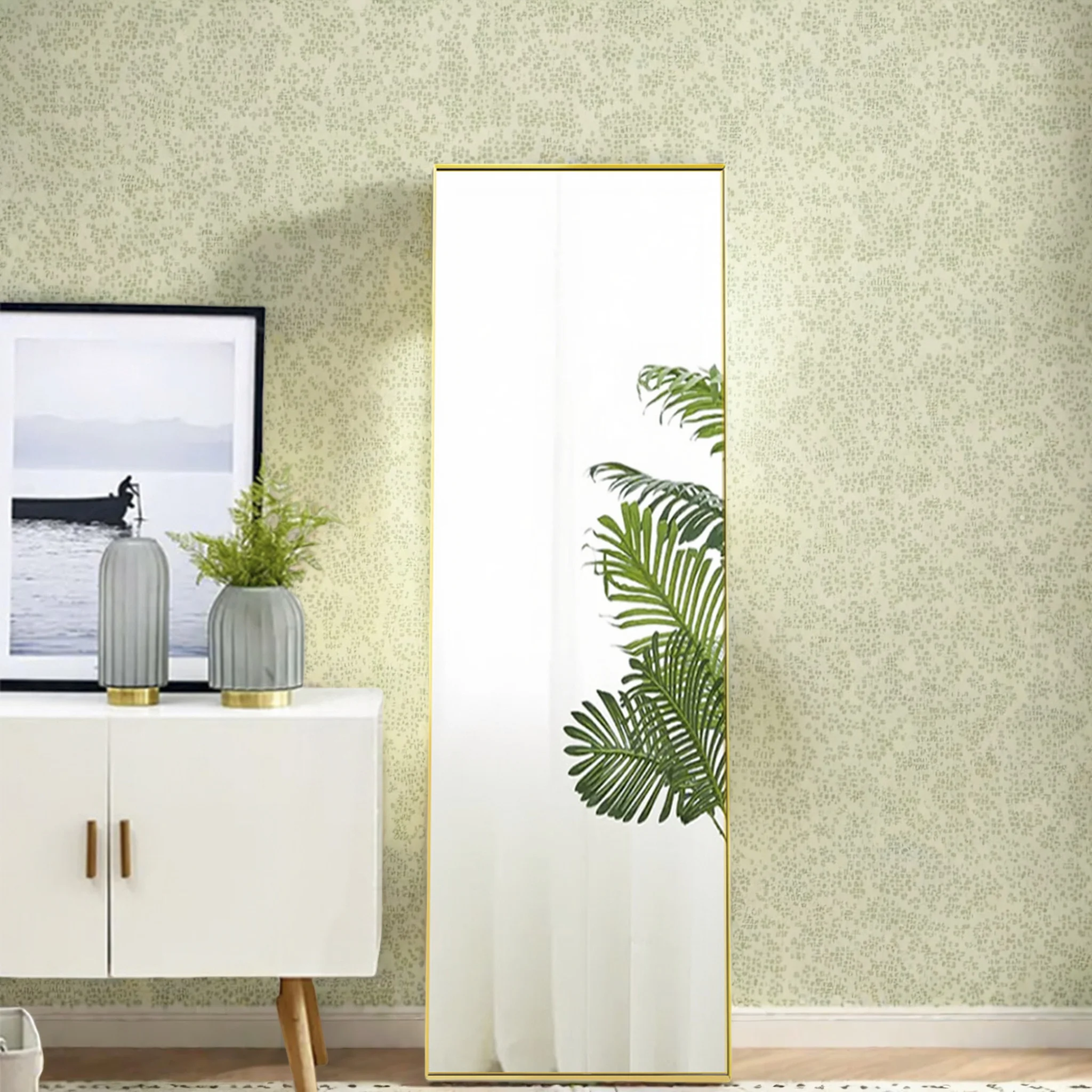 Image of Anajqaqia 150x40cm Goldener Aluminium-Rahmen Ganzkörperspiegel, Rechteckiger Freistehender Bodenspiegel aus Gehärtetem Glas mit Verstellbarem Ständer, Stehender Ganzkörper-Schminkspiegel, Nicht