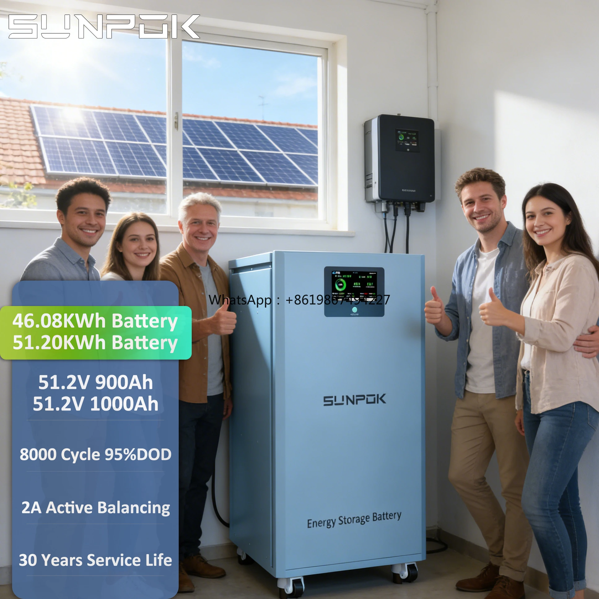 48V 1000Ah 51.2V 50kWh LiFePO4 Battery for Solar 10000 Cycles with CAN/RS485 for Home Energy Storage