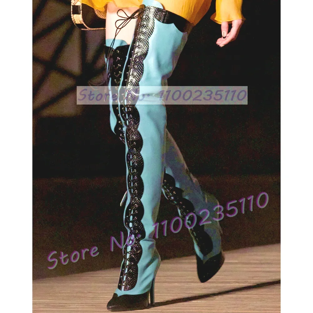 

Сексуальные тонкие сапоги выше колена на шнуровке, женские стильные туфли с острым носком и кружевным декором, женские стильные высокие сапоги для подиума разных цветов