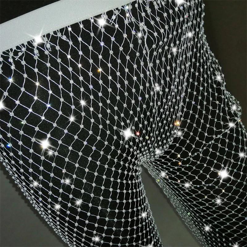 Neue Kristall Diamant Glänzende Frauen Hosen Sommer Sexy Aushöhlen Elastische Fishnet Hosen Mode Durchsichtig Beachwear 2022 – Detail 7