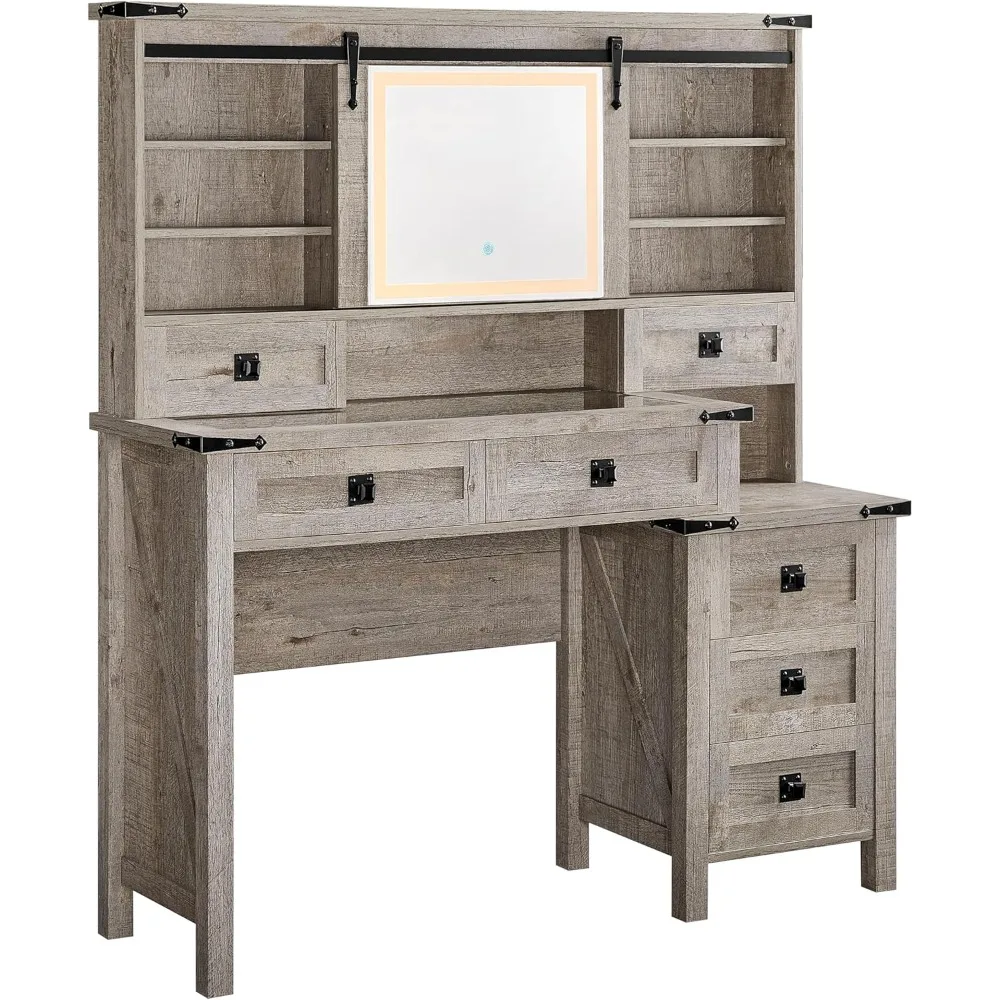 مكتب مكياج للمزرعة مقاس 48 بوصة مع مرآة LED، طاولة تزيين حديثة، 7 أدراج، محطة شحن، سطح زجاجي لغرفة النوم #5