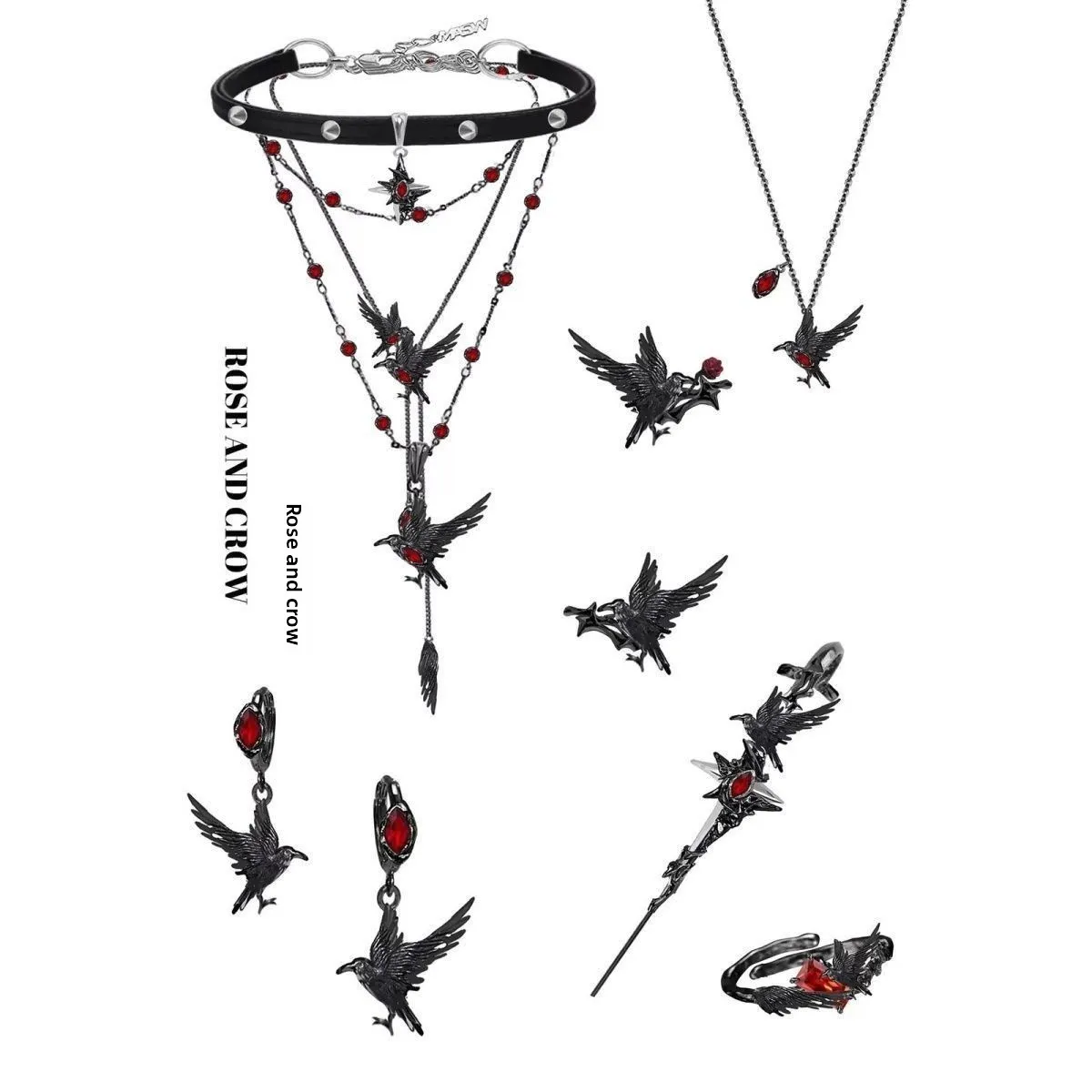 Chinese Style Lucky Blessing Crow Thorn Design Layered Choker Necklace Black Pu Leather Rivet Red Rhinestone Punk Cool Y2k Jewel