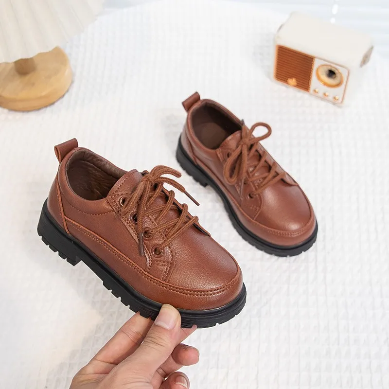 2025 Children's Leather Shoes New School Performance Boys Causal Uniform Shoes Versatile Simple Kids Formal Flat Shoes Lace-up