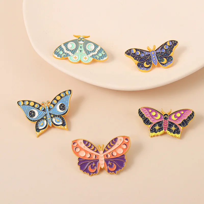 Cartoon Insect Metal Enamel Pins Fun Sun Moon Stars Butterflies Moth Animal Brooches Lapel Badge Jewelry Gifs for Cat Lovers