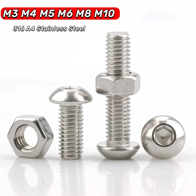 M3 M4 M5 M6 M8 M10 A4 316 Stainless Steel Button Head Allen Bolt Hex Nuts Sets Combination Hex Hexagon Socket Screws Bolts