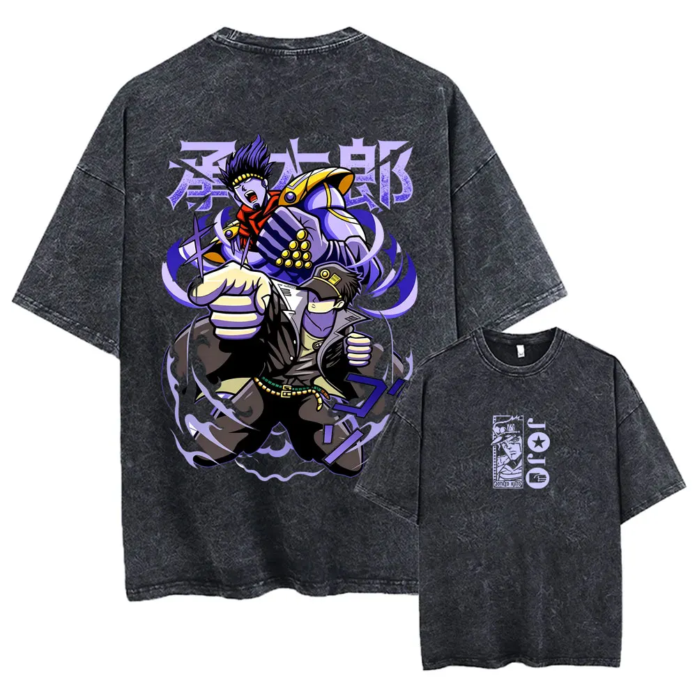 Washed Vintage Anime Jojo Bizarre Adventure Jotaro Kujo T-shirt Men Women Casual Oversized T Shirts Men's Manga Graphic T-shirts