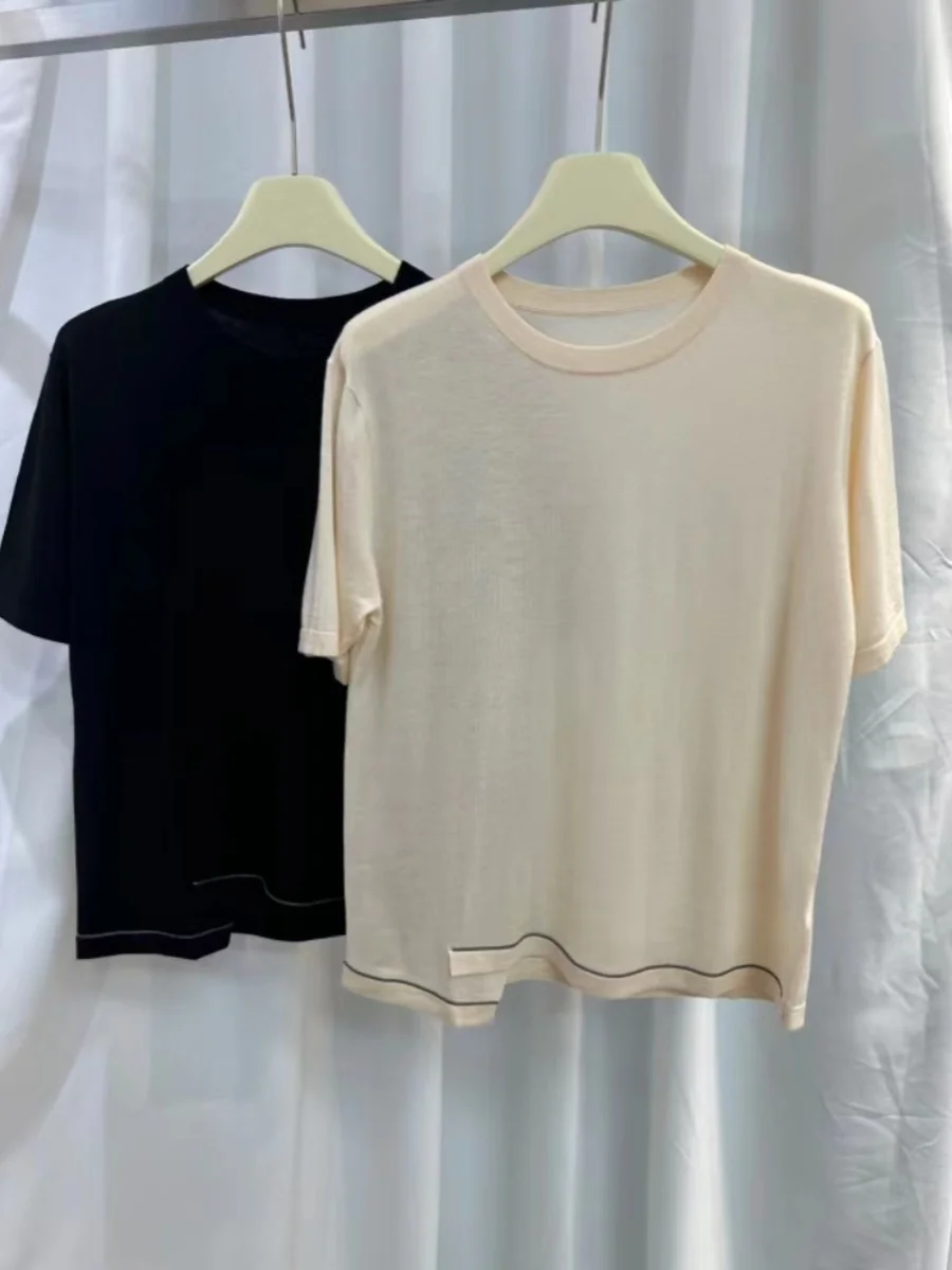 

24 Summer New B/C Women's Chain Spliced Pullover Silk Cashmere Solid Color Simple Round Neck Short Sleeve Top