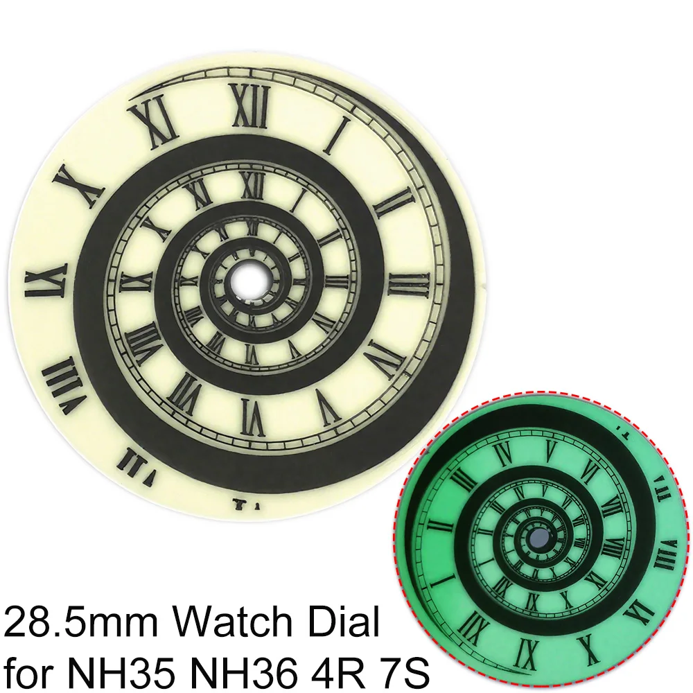

Spiral Watch Dial Green Luminous Roman Scale 28.5mm Dial for NH35 NH36 4R 7S Movement Watch Accessories