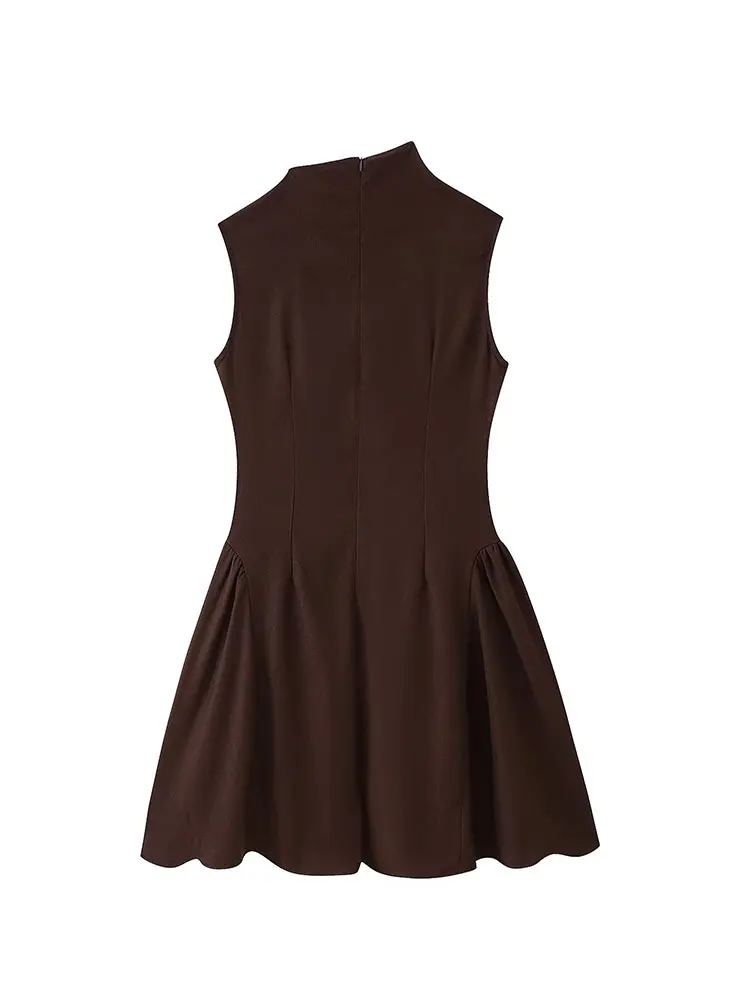 Sukienki damskie 2025 Metal Decoration Dress Nowe marszczone sukienki bez rękawów dla kobiet Jednolita sukienka z ukośnym kołnierzem Krótka elegancka sukienka na przyjęcie