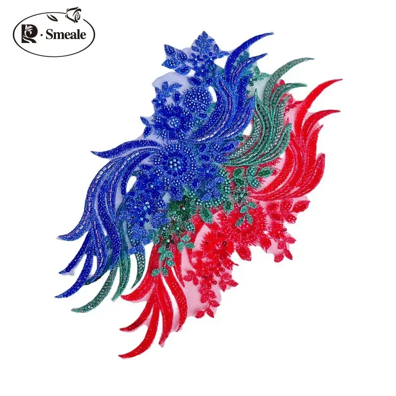 10Pcs/5Pairs.Multicolor Beaded Lace Fabric, Applique, Wedding Dress, DIY Mirrored Flowers.Wholesale.