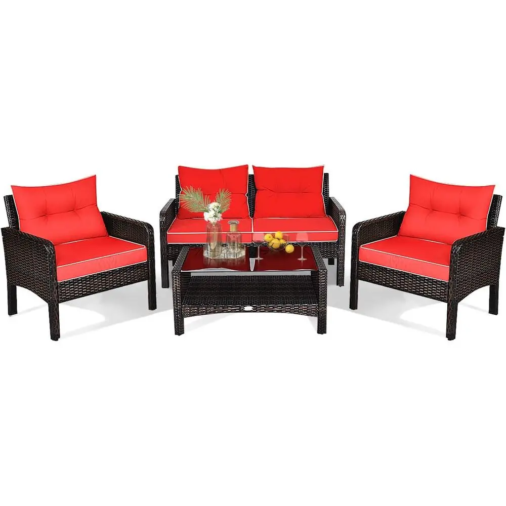 4-Piece Patio urniture Set Outdoor Rattan Wicker Soa Set with Cushions & Coee Table, Contion Soa Set with Tempered Glass Table T