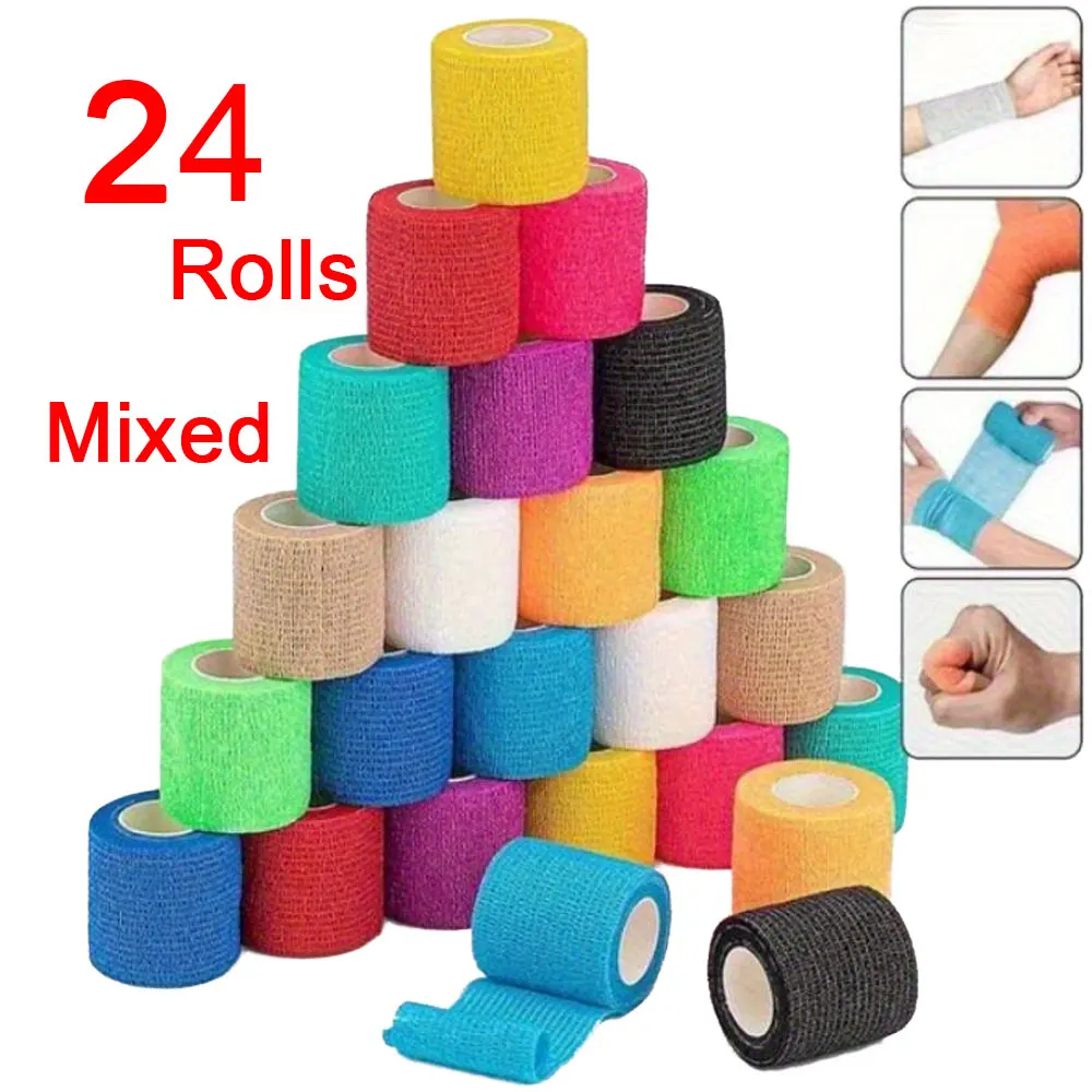 24 Rolls Mixed Color Self Adhesive Non-Woven Bandage, No Sticky Residue Bulk Elastic Wrap, Hand-Tear Breathable Athletic Tape fo