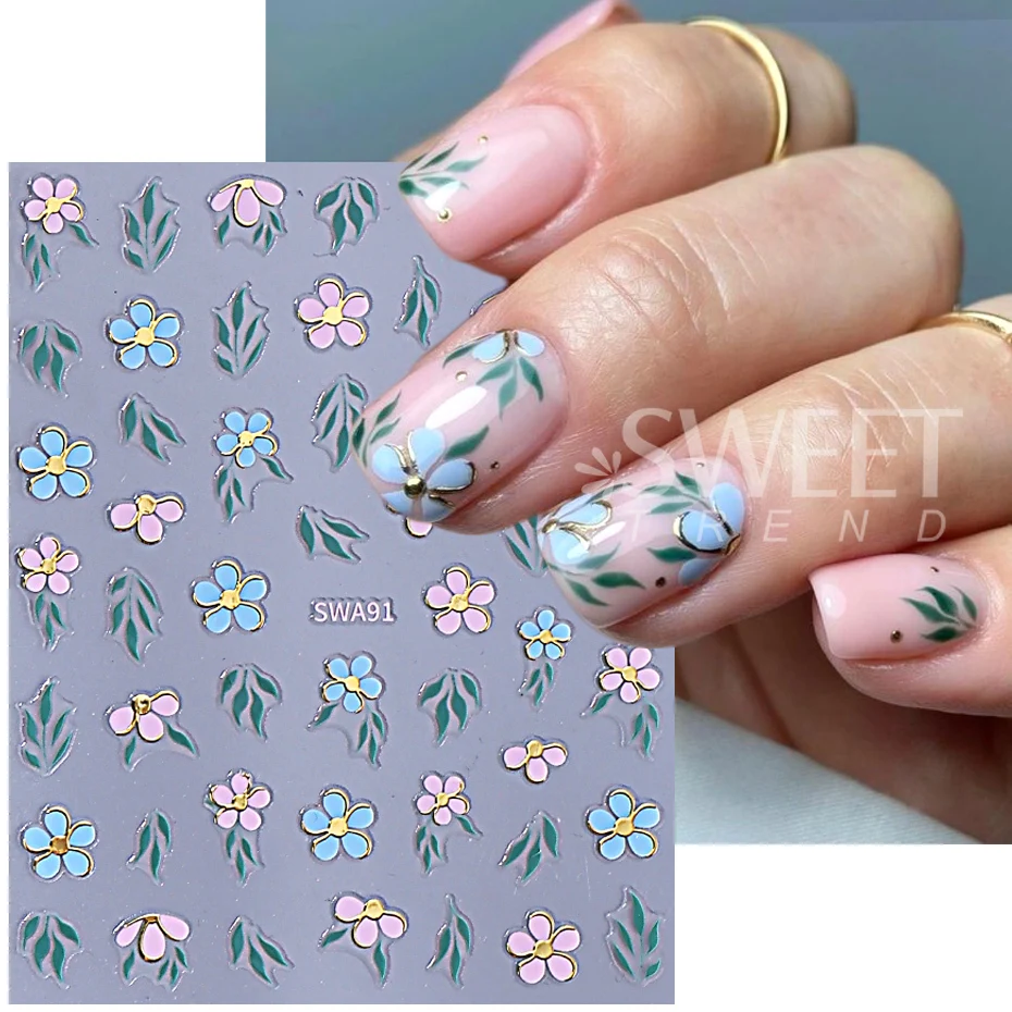 Metallic Petals Nail Sticker 3D Gold Line Colorful Daisy Flowers Floral Leaves DIY Spring Summer Holographic Manicure Decoration