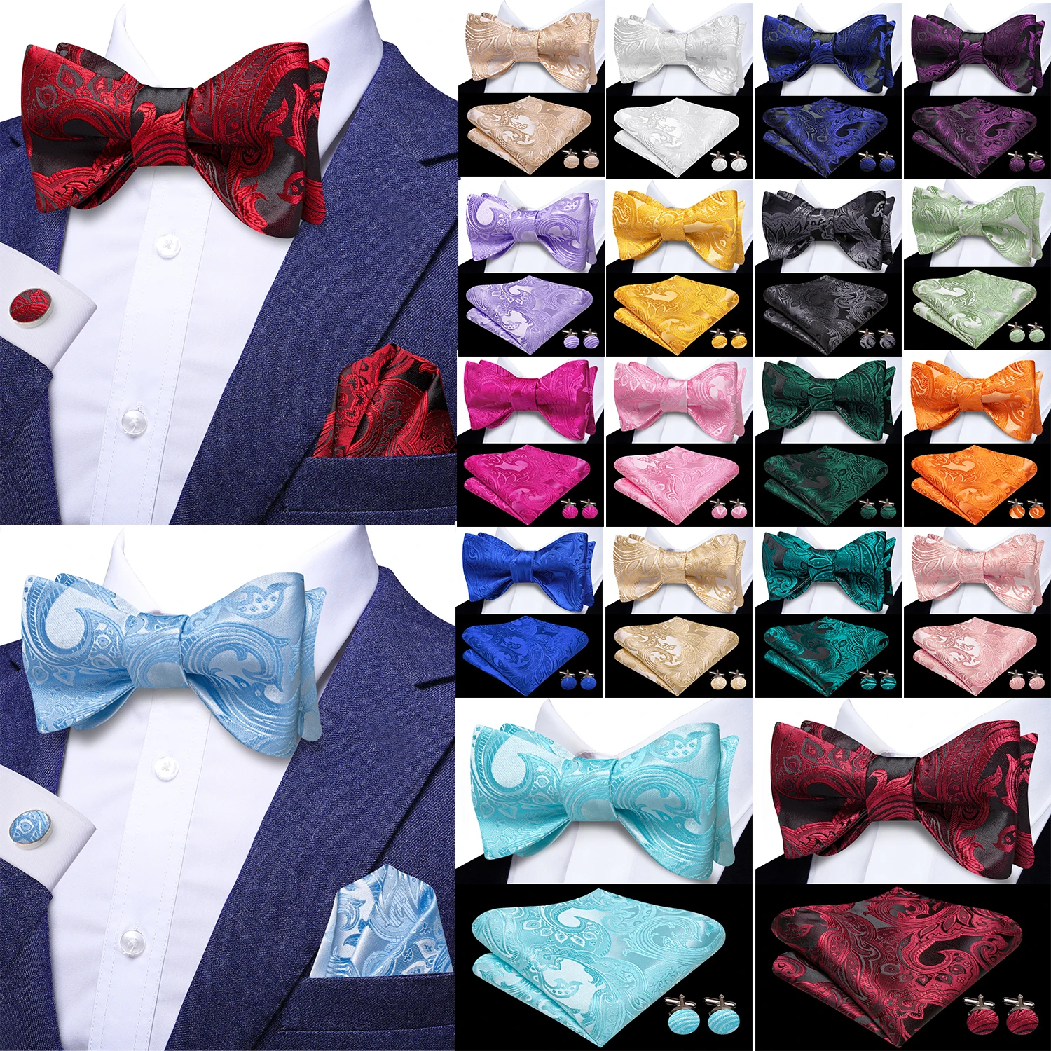 Hi-Tie Self Mens Classic Bow Tie Hanky Cufflinks Set Butterfly Knot Bowtie for Male Wedding Business Floral Paisley Elegant