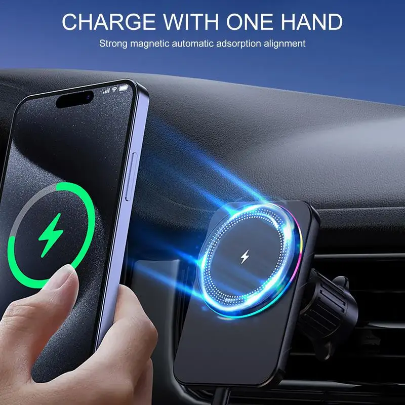 Portable Magnetic Wireless Charger Vehicle Phone Charger Holder With Colored Light Rotatable Phone Stand In The Vehicle