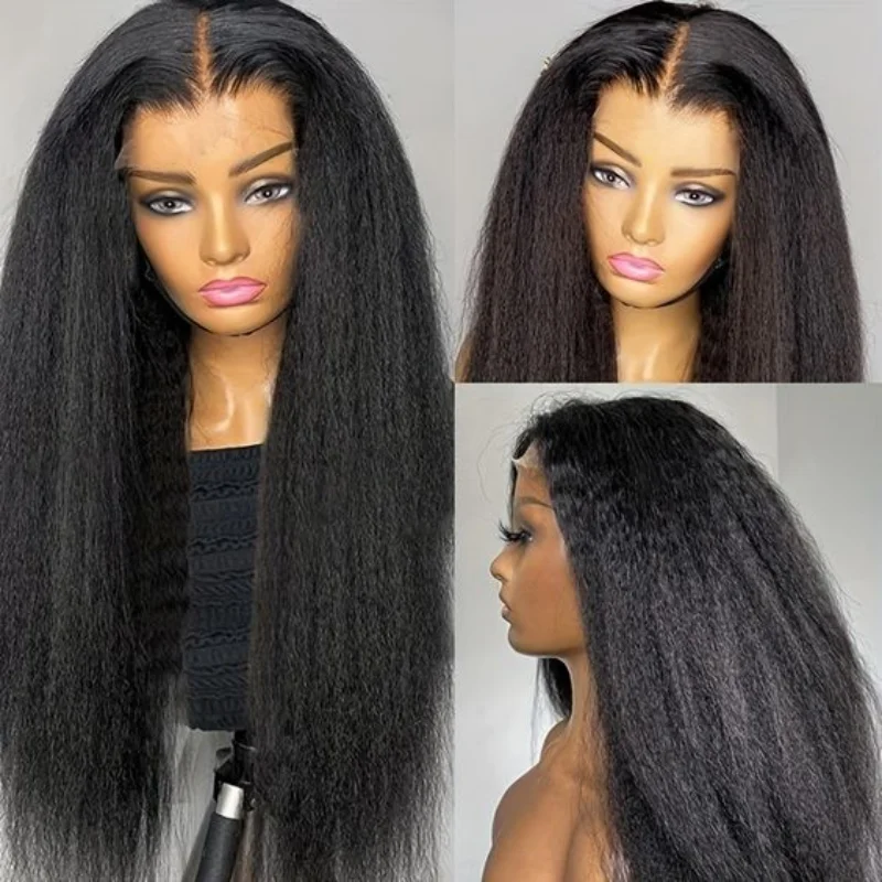 

Soft Yaki 180Density 26“ Long Natural Black Kinky Straight Lace Front Wig For Women Babyhair Preplucked Heat Resistant Glueless