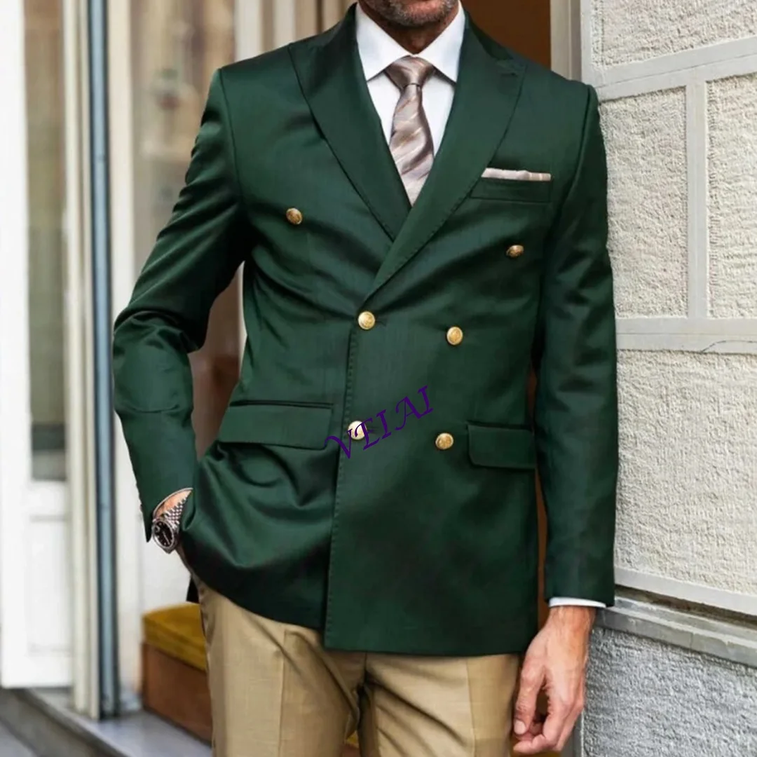 

High Quality Dark Green Suits for Men Peak Lapel Double Breasted Business Slim Fit Wedding Jacket Khaki Pant Groom Customized
