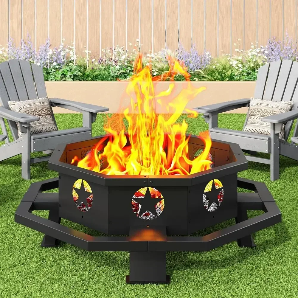 Octagonal 43 Inch Heavy-Duty Outdoor Wood-Burning Fire Pit for Backyard and Patio, Black