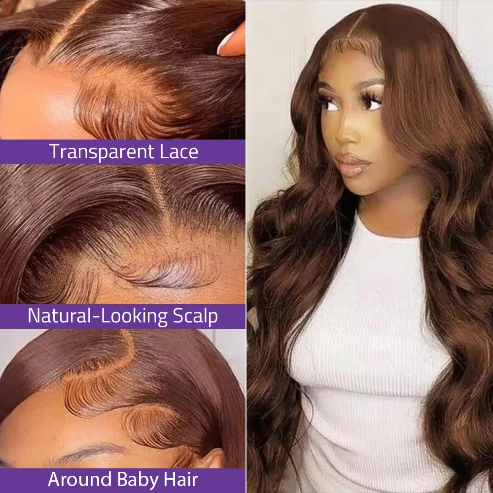 16-36 بوصة الشوكولاته براون الجسم موجة الدانتيل شعر مستعار أمامي 200 الكثافة # 4 باروكات شعر بشري بدانتيل أمامي عالي الدقة 13 × 4 13 × 6 للنساء