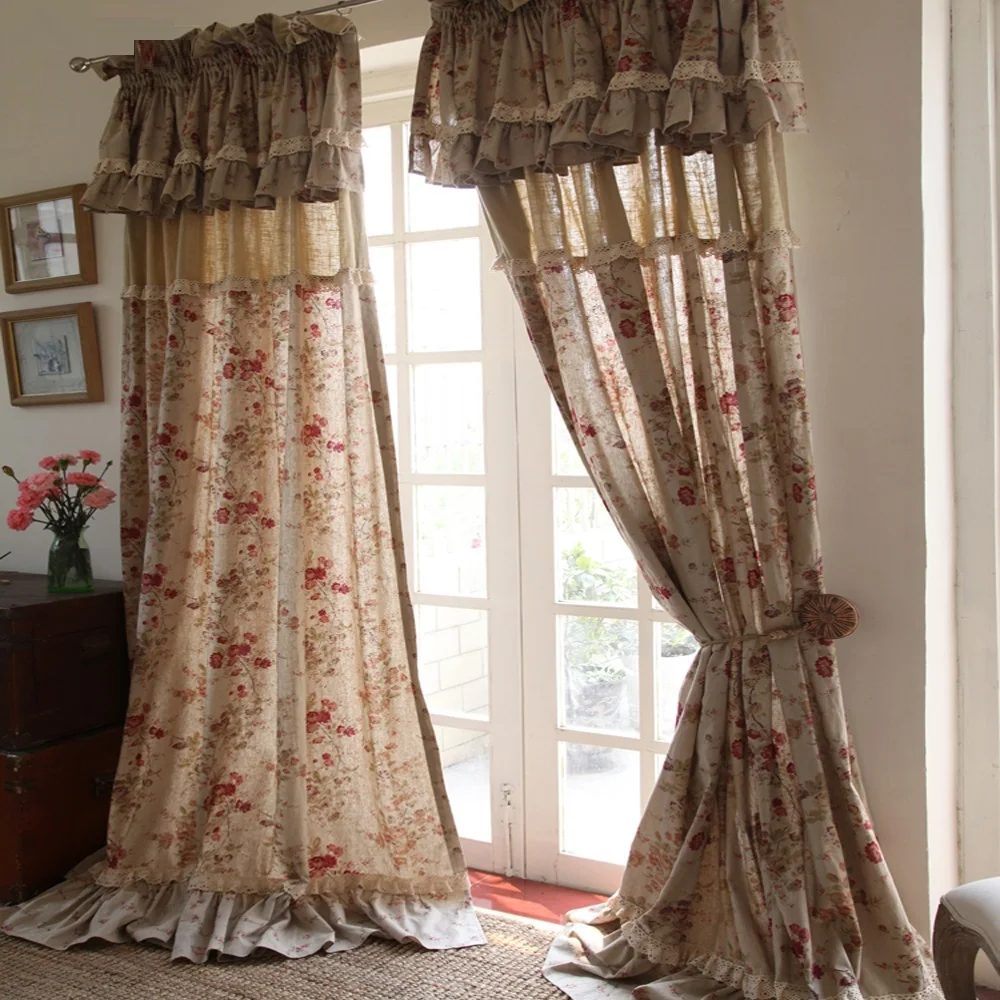 High-end Rose Printed Blackout Curtains with Valance,Natural Linen Curtains, Rural Cotton Hemp Cortinas with Floral Ruffles