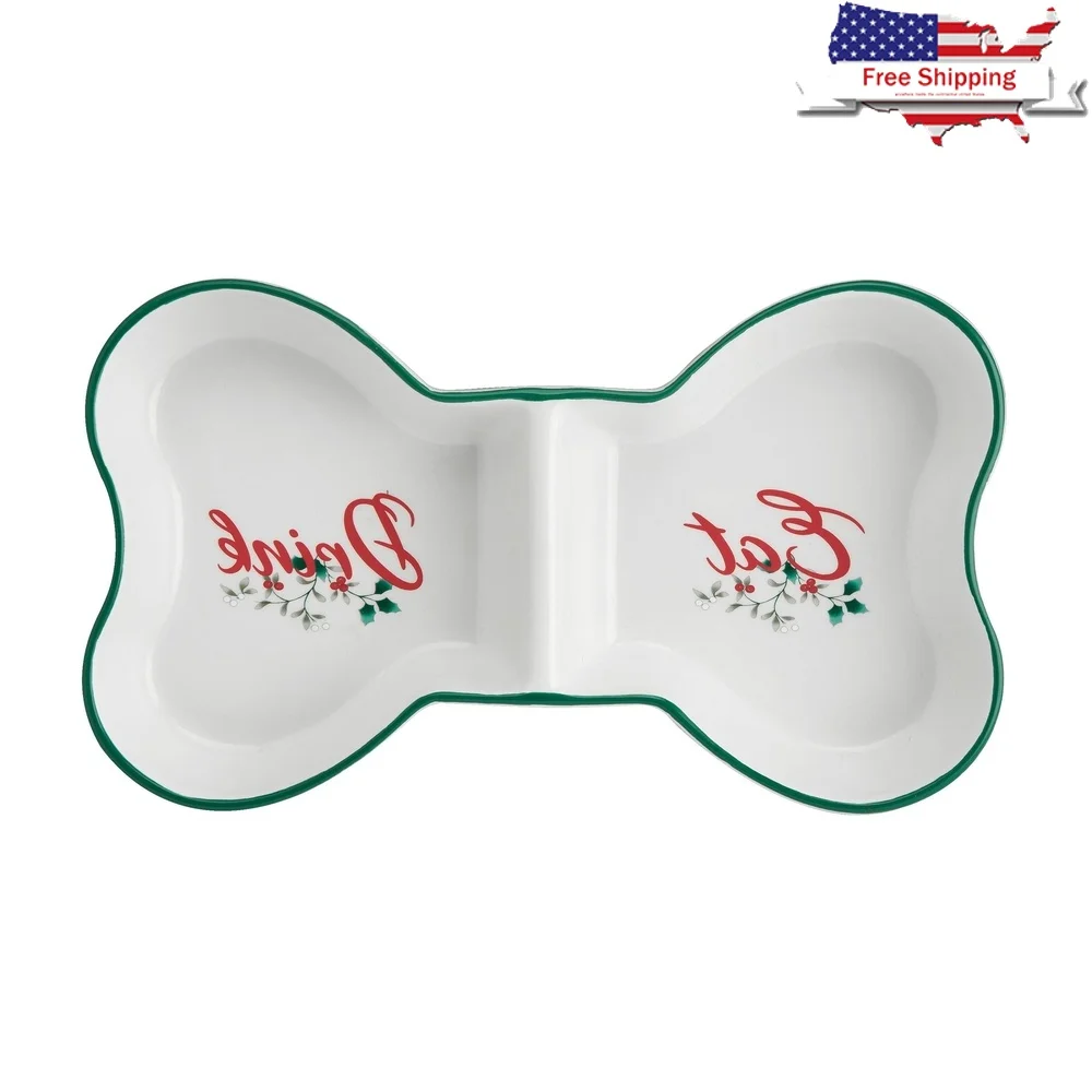 

Winterberry Dolomite Divided Pet Bowl Festive Bone Design Dogs Eat Drink Compartments Durable Gift Box Easy Care 14oz Capacity