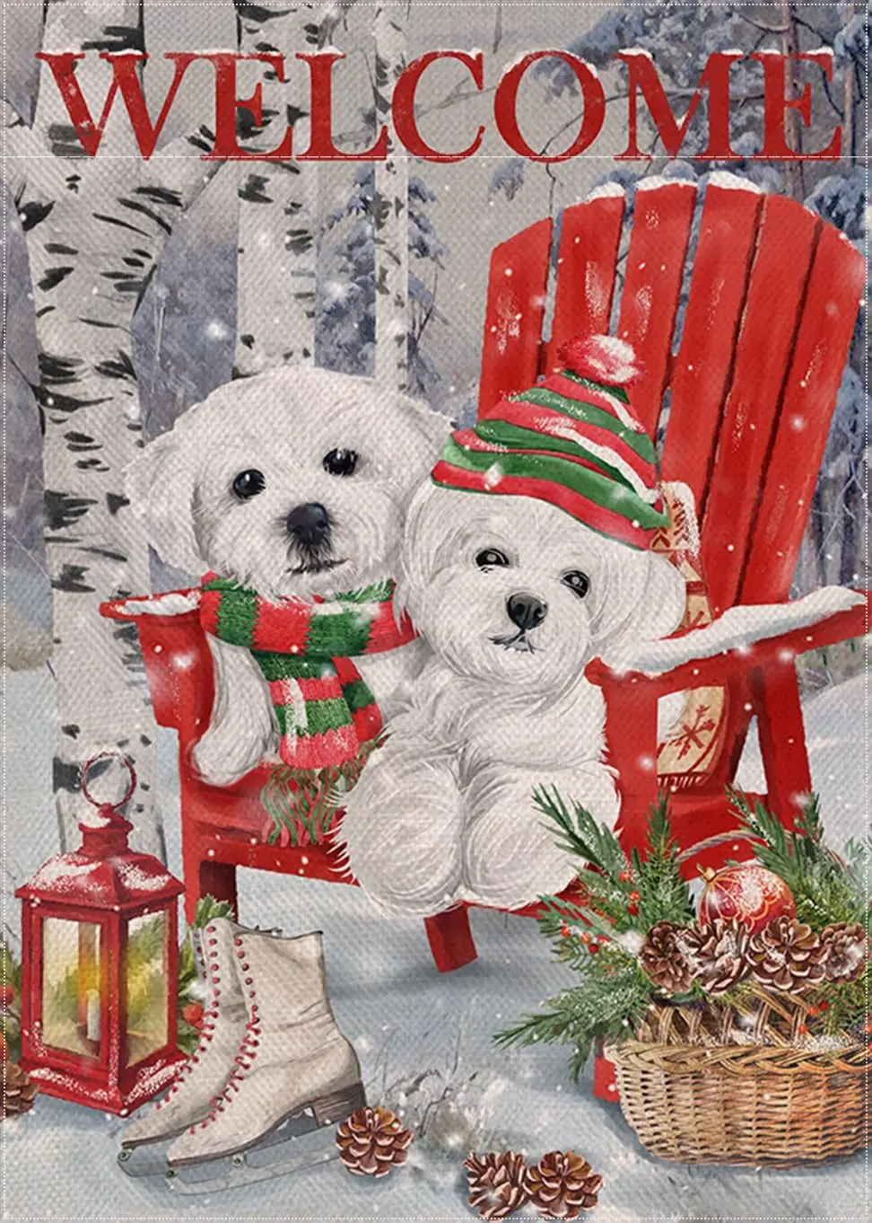 

Home Decorative Welcome Christmas Winter Bichon Frise Dogs Red Chair Garden Flag Xmas Puppy Snow House Yard Ice Skates