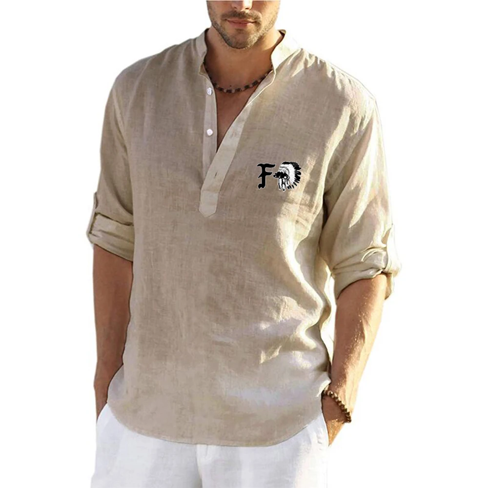 

2025 FOG Summer Man's Forward Observations Group Logo Print High Street Fashion V-Neck Comfortable Flax Long Sleeve T-shirt