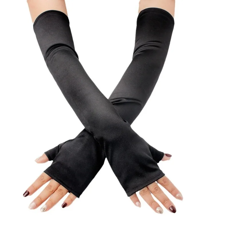 49cm Women Satin Long Fingerless Gloves Solid Retro Style Opera Wedding Evening Dress Accessories Etiquette High Elasticity