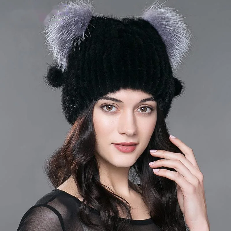 Real Mink Fur Cap For Women Winter Cute Cat's Ears Hats High Quality Women Caps Handmade Knitted Thick Warmth Natural Fur Hats