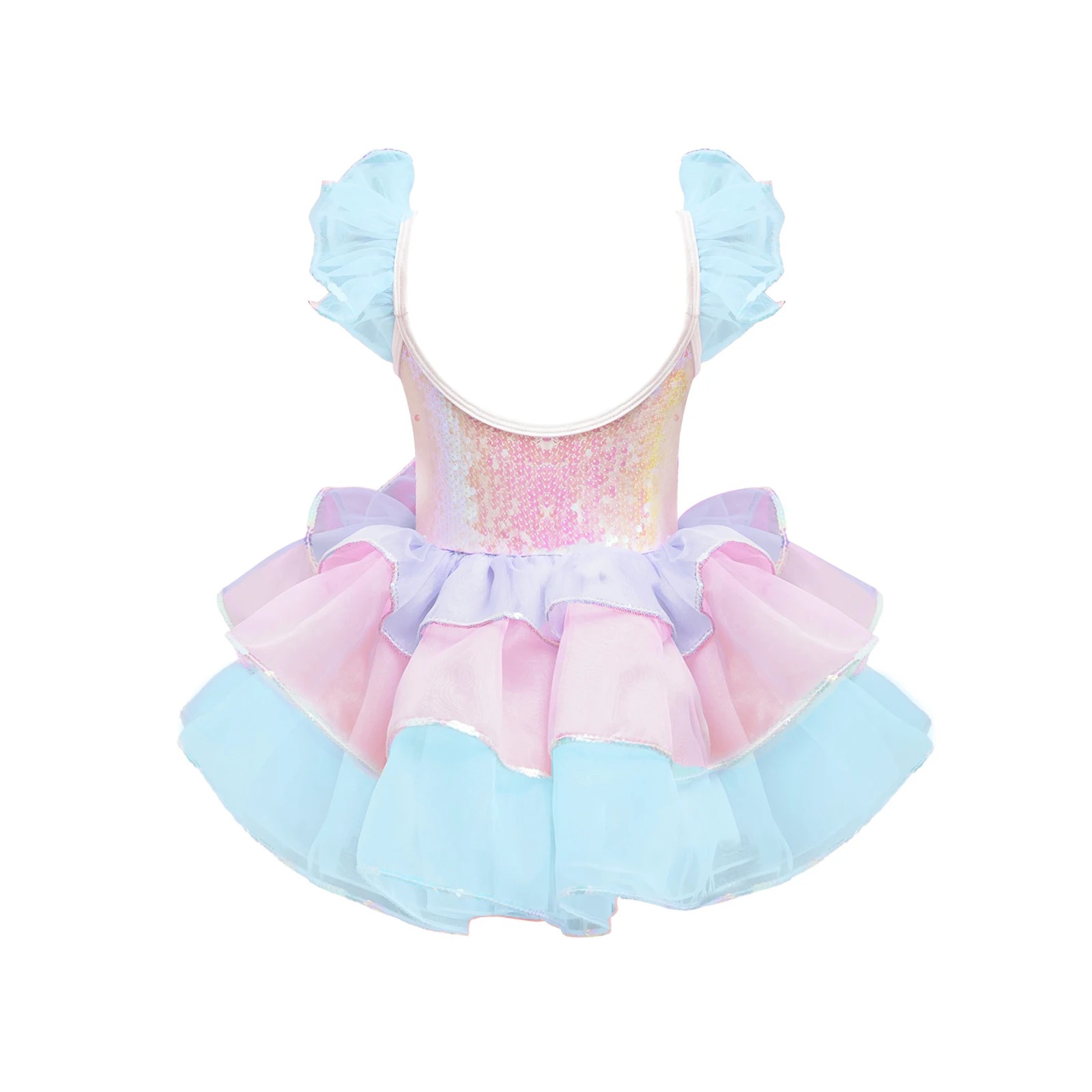 Kids Girls Ballet Tutu Dress Ruffled Sleeve Sparkly Sequins Tiered Lyrical Dance Ballerina Gymnastics Stage Performance Costume