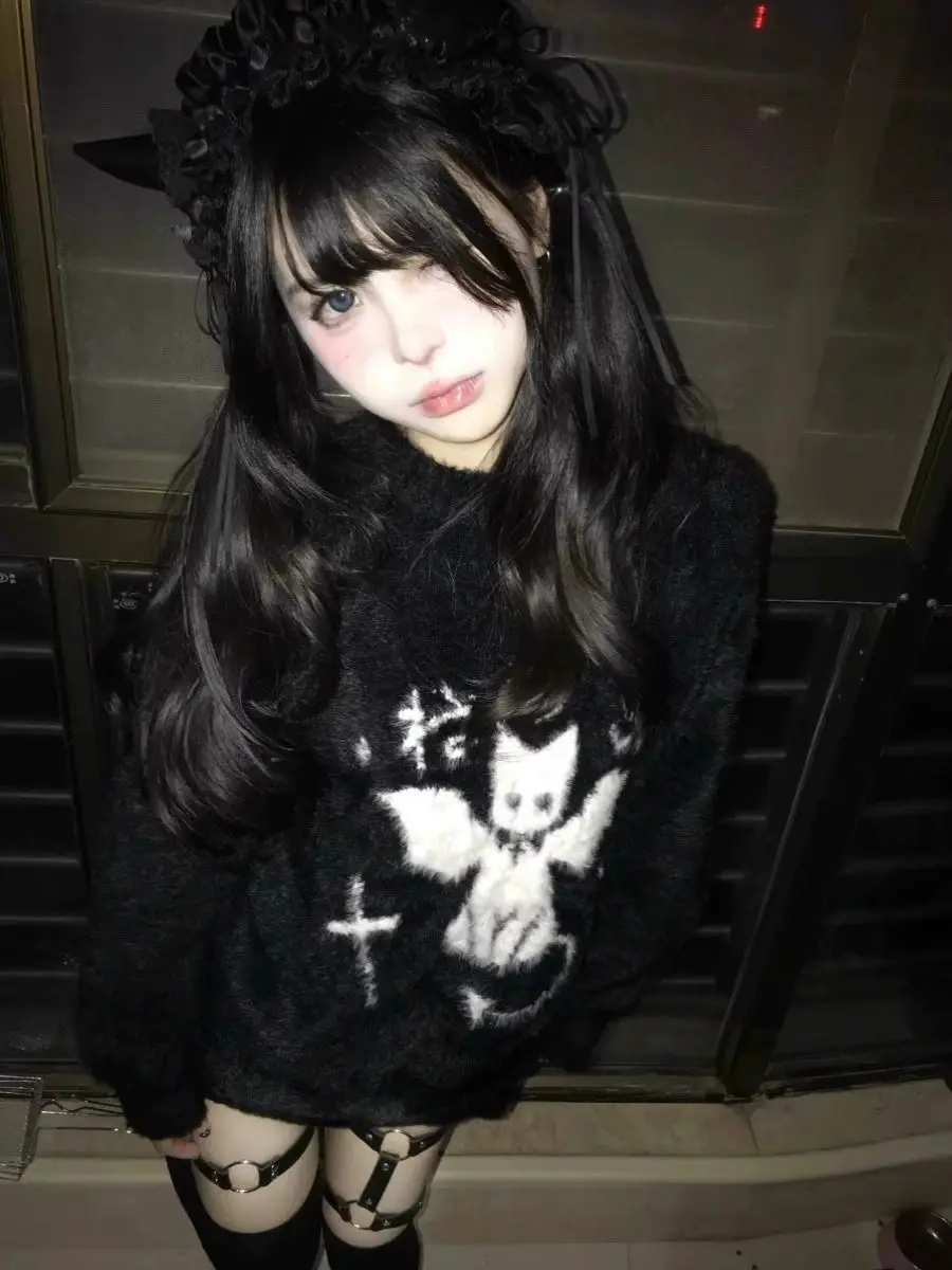 

Grunge Cartoon Sweater Fashion Knitwear Y2k Aesthetic Balack Loose Pullover Harajuku Gothic Casual Oversized Knitted Jumpers