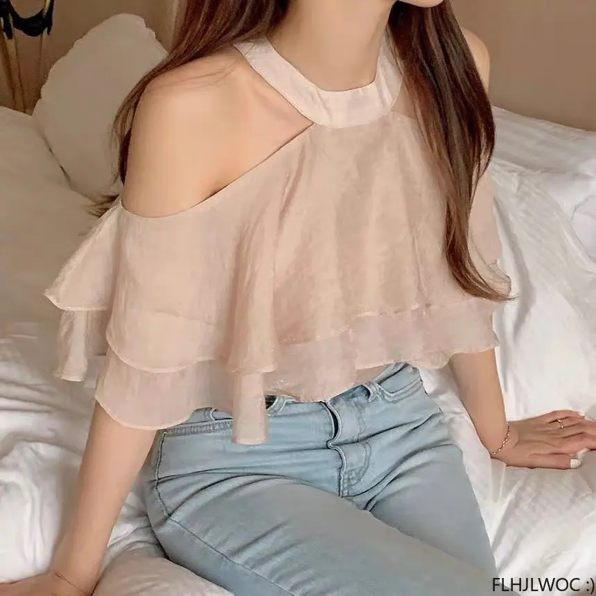 Chic Korea Sexy Off Shoulder Tops Blusas Women 2023 Holiday Date Girls Layer Ruffles Transparent Sheer Mesh Short Shirts Blouses