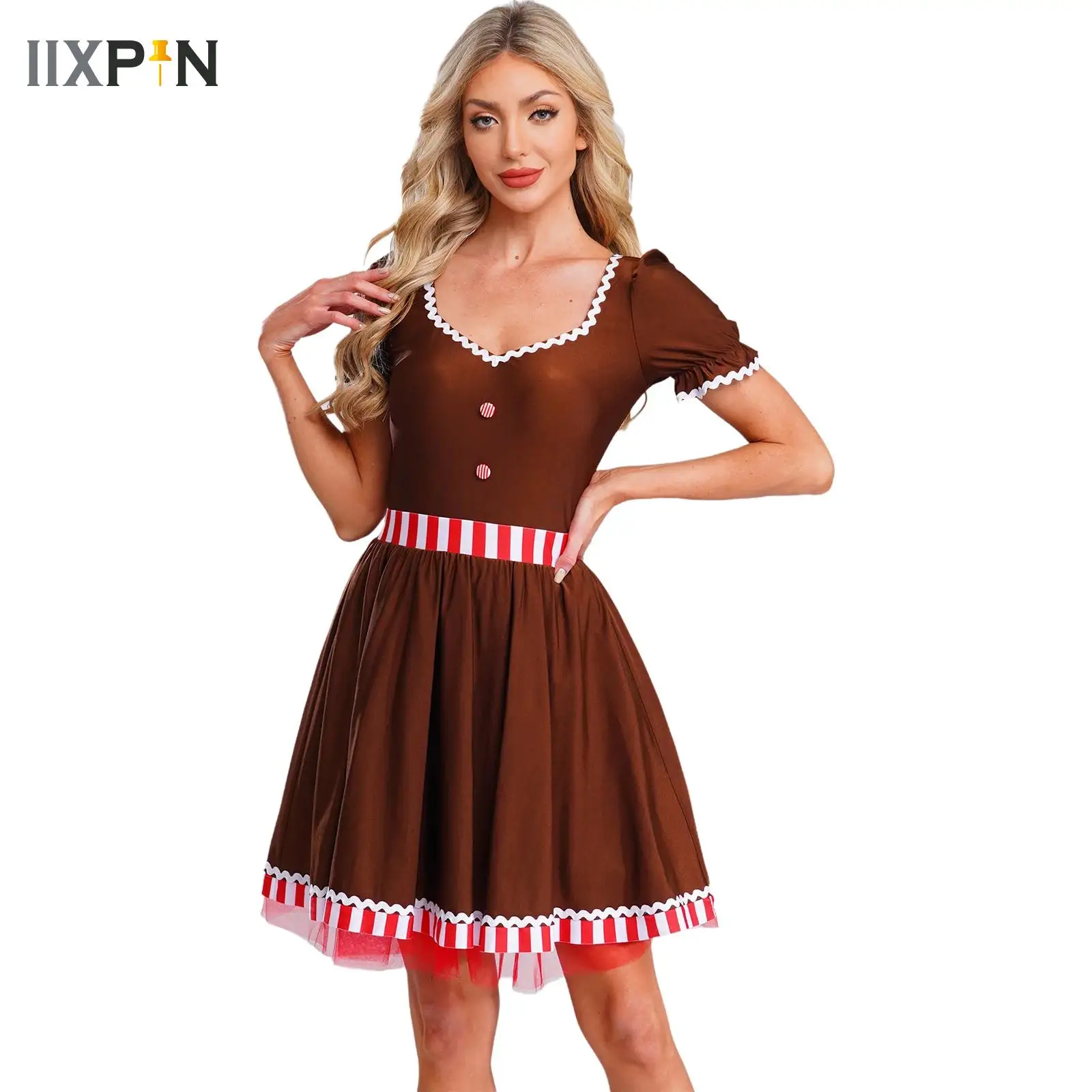 

Adults Women Gingerbread Man Dress Gingersnap Cosplay Christmas Party Clothing Short Sleeve Ruffle Tutu Dress for Festival Charm
