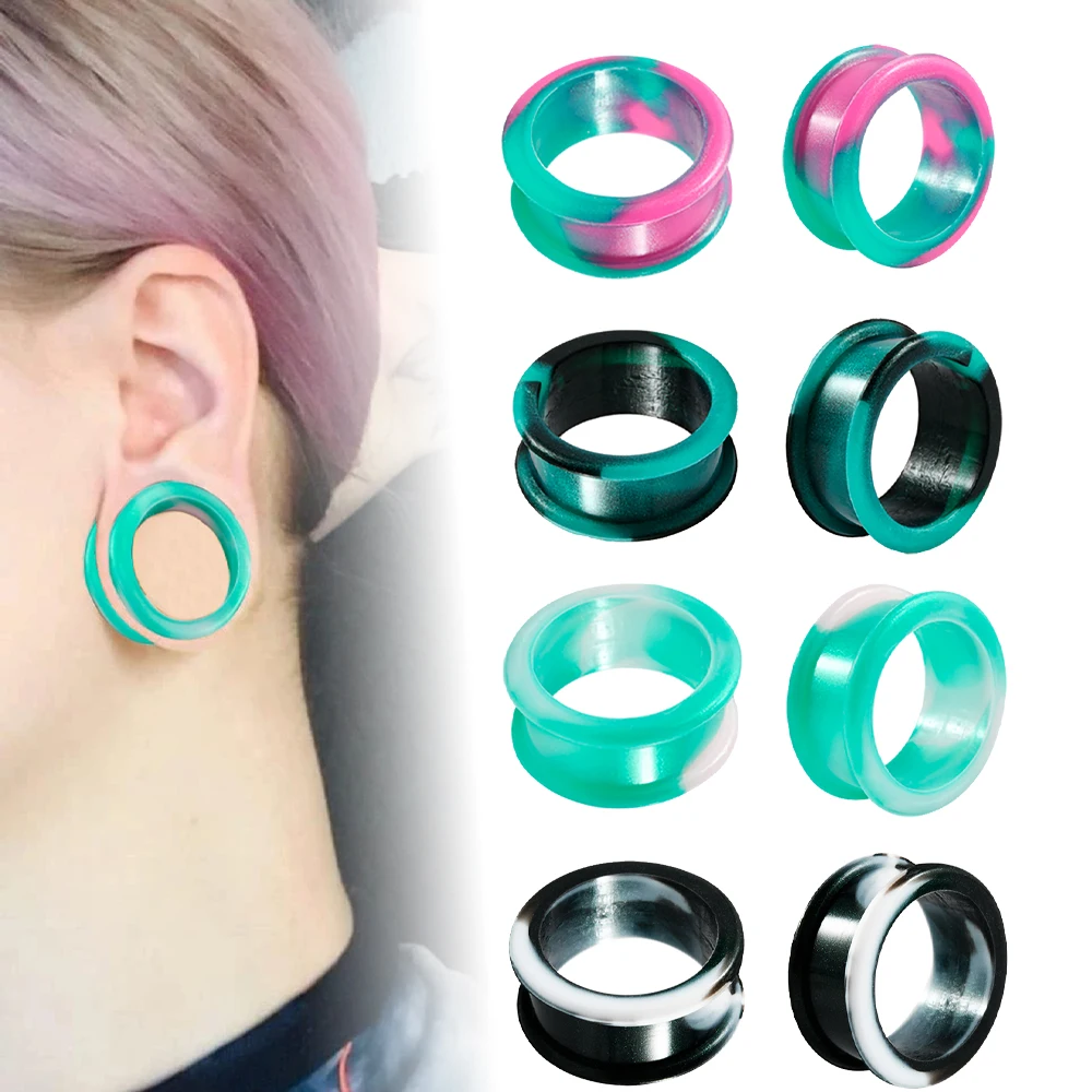 1/4Pairs Mix Colored Marble Pearlized Flesh Thick Silicone Ear Tunnel Earrings Expander Round Hollow Pulley Flesh Gauges Plug