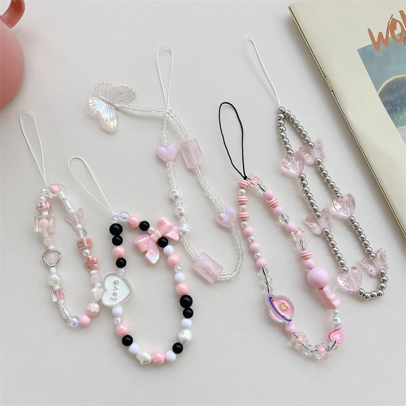 Clear Butterfly Mobile Phone Strap Beads Lanyard For Keys Bow Knot Artificial Pearl Wrist Phone Charm Anti Lost Cellphone Chain