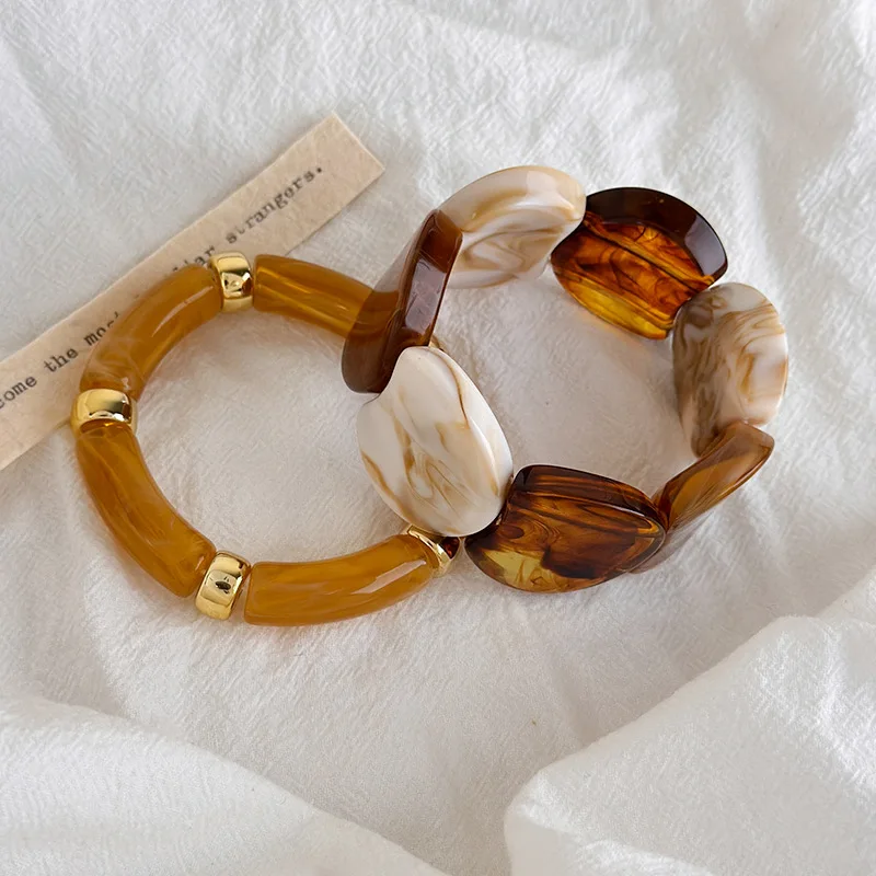Bracelet Square Metal Smooth Amber Vein Elastic Stretch Vintage Bohemian Travel Outing Photoshoot Accessory for Women