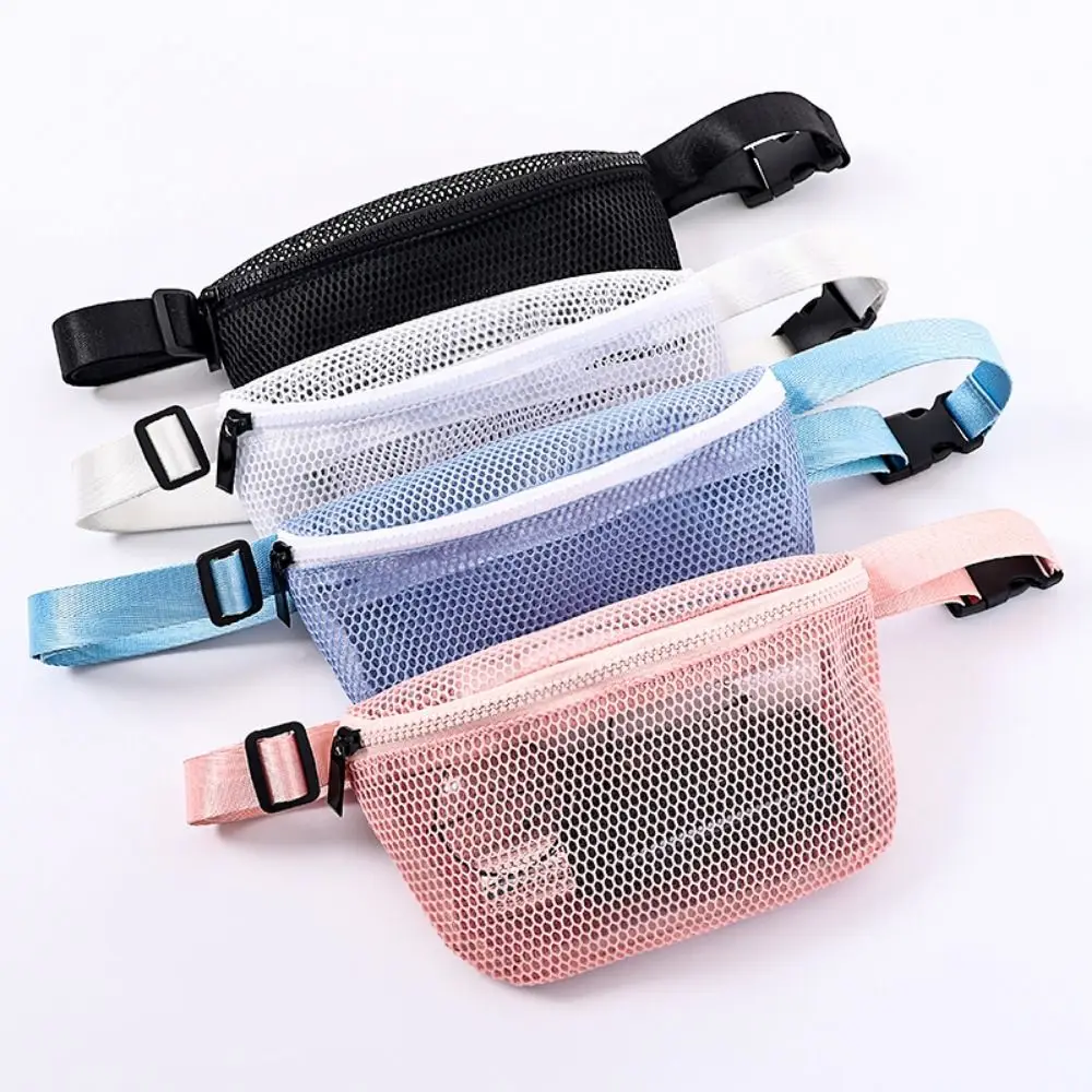 

Hollow Out Mesh Waist Bag Zipper See Through Hip Belt Bag for Sport Wide Shoulder Strap Large Capacity Travel Fanny Packs Sport