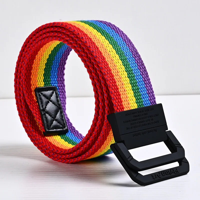 Colorful Belts For Women Metal Double Ring Buckle Canvas Webbing Rainbow Belt Street Youth Fashion Casual Nylon Jeans Waist Belt