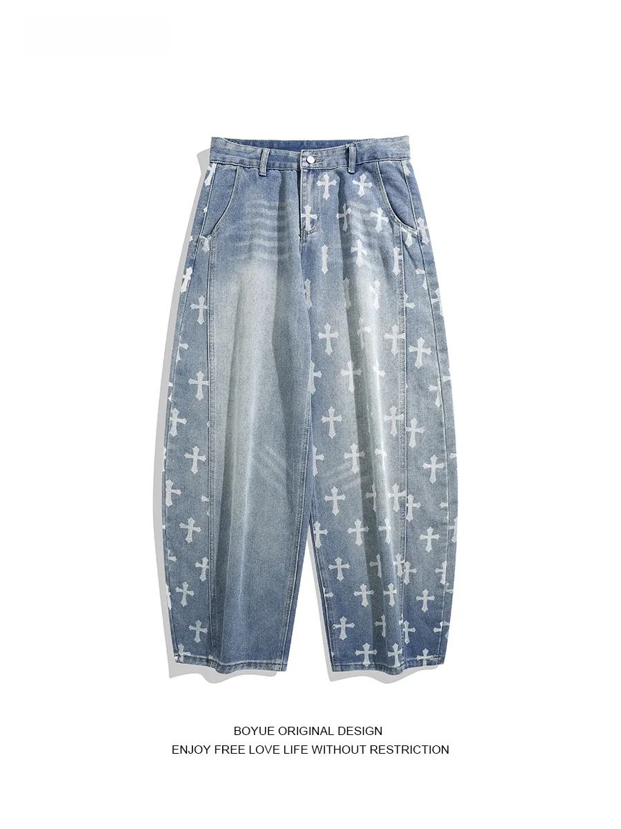 

Джинсы Boyue American Cross с принтом, широкие, свободные, уличный стиль, для мужчин и женщин, с высокой талией, из хлопкового денима, модные брюки-«ножи»